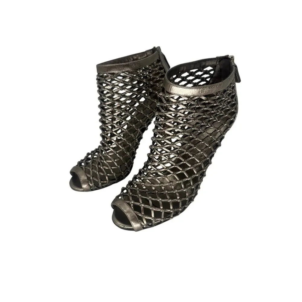 Gucci Eline Metallic Bronze Woven Leather Cage Peep Toe Booties Women's EU 37.5